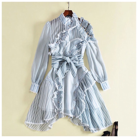 Runway Blue Stripe Asymmetrical Dress - Picture 2 of 13